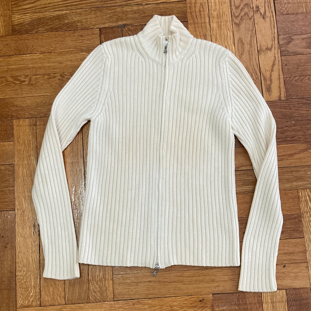 Prada Sport Cream Ribbed Turtleneck Sweater with zipper